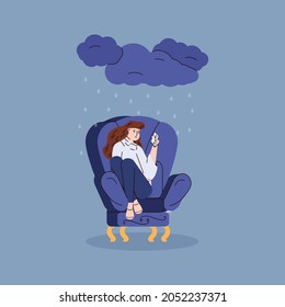 Depressed Sad Young Woman Sitting Alone In Chair In Rain From A Dark Cloud. Unhappy Upset Girl Reads The Chat On The Mobile Phone Screen. Vector Illustration