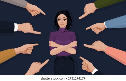 Depressed and sad young woman surrounded by hands with index fingers pointing at her. Concept of guilt, accusation, public censure and victim blaming. Flat cartoon colorful vector illustration.