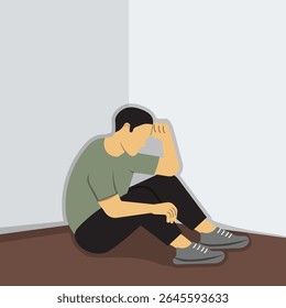 Depressed and sadness a man sitting on corner floor of room.