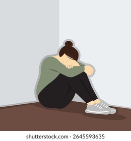 Depressed and sadness young woman crying and sitting on corner floor of room.