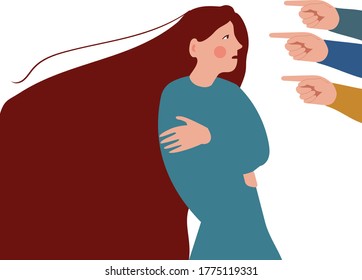 Depressed and scared girl . Hands  point at the young woman. Flat vector