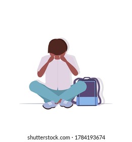 depressed schoolboy with backpack crying depression problems stress psychotherapy bullying concept full length vector illustration
