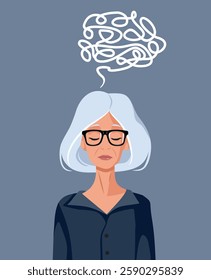 
Depressed Senior  Woman with Tangled Thoughts Vector Character. Elderly lady suffering from Alzheimer disease 