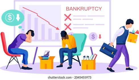 Depressed and shocked people suffer from bankruptcy of enterprise. Company cost reduction, business failure and finance crisis. Colleagues scared of business disruption, decrease in profit in office