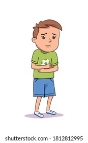 Depressed sick boy hugging himself, clasping hands. Child isolated on white background. Vector character illustration of children gestures, emotions, types of moods