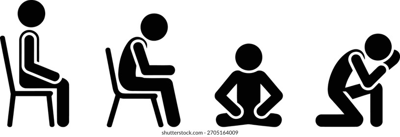 Depressed Stick Figures Posing, Sitting, Meditating, Kneelingin Despair, Black Silhouetteson White.eps
