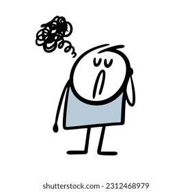 Depressed stickman with a tangle of negative thoughts is sad and needs help. Vector illustration of a character at a psychologist's appointment. Cartoon image isolated on white background.