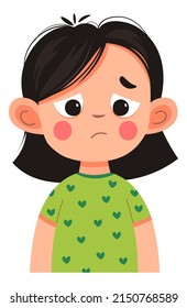 Depressed or stressed kid, isolated child with sad expression on face. Female character upset kiddo or preschooler. Unhappy or annoyed young teenager. Pupil thinking of troubles. Vector in flat