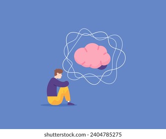 A depressed and stressed man. a lot of thoughts or overthinking. A man is sitting and is anxious or uneasy. mental health. illustration concept design. graphic elements. Vector