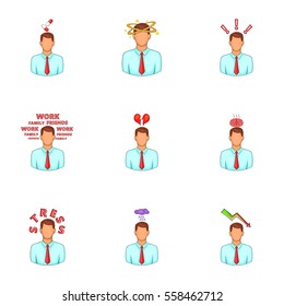 Depressed and stressed manager icons set. Cartoon illustration of 9 depressed and stressed manager vector icons for web