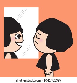 Depressed Stressful Woman Looking At Her Happy Smiling Face Reflection In The Mirror On The Wall. Concept Of Cheering Yourself Up When You Are Sad Card Character illustration