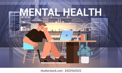 depressed student sitting at workplace sad guy suffering from psychological diseases anxiety mental health awareness month concept