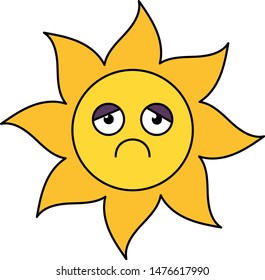 Depressed sun sticker outline illustration. Melancholy, gloomy emoji. Social media emoticon