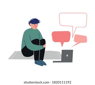 Depressed Teen Boy Sitting on Floor with Laptop with Message Bubbles, Cyber Bullying, Teenage Puberty Problems Concept Vector Illustration