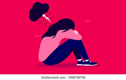 Depressed Teen Girl - Female Person With Dark Cloud Over Head. Depression, Sadness And Mental Health Problem Concept. Vector Illustration.