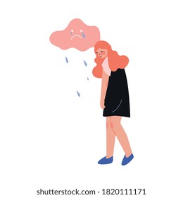 Depressed Teen Girl under Rain Cloud, Teenage Puberty Problems Concept Vector Illustration