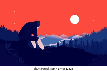 Adolescente deprimido sentado solo en la naturaleza con cielo rojo y vista al valle. Depresión milenaria, salud mental y escape de todo. Ilustración vectorial.