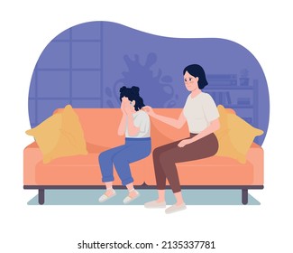 Depressed Teenager 2D Vector Isolated Illustration. Panic Attack Flat Characters On Cartoon Background. Reassuring Mother. Crying Kid Colourful Scene For Mobile, Website, Presentation