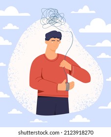 Depressed teenager concept. Young guy with internal problems, character unravels tangle. Sadness and frustration, failures in personal life and studies, student. Cartoon flat vector illustration