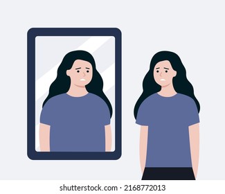 Depressed Teenager girl looking at mirror reflection, viewing herself as fat. Self esteem, Unhealthy diet, weight control, Mental Disorder concept. Flat vector design illustration.