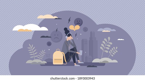 Depressed Teenager Girl With Sad Emotion And Upset Feeling Tiny Person Concept. Anxiety And Frustration Expression As Psychological Mental Problems For Youth Vector Illustration. Lonely, Negative Mood