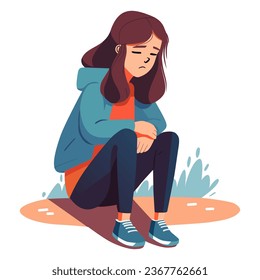 Depressed teenager. Sad girl sitting on the Ground,  Unhappy Girl, Flat Vector illustration