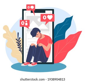 Depressed Teenager Sad Of Unpopular Account In Social Media Or Network. Male Character Upset Sitting With Phone, Vector In Flat Style