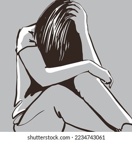 Depressed teenager sitting holding head in had. She is crying and feeling sad. Sadness, depression or stress icon. Hand drawn vector logo.