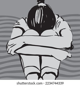 Depressed teenager sitting holding head in kinees. She is crying, feeling sad. Sadness, depression or stress icon. Hand drawn vector clipart.