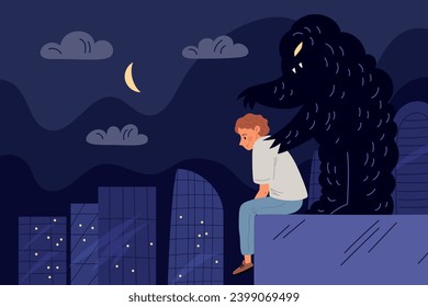 Depressed teenager. Stressful situation. Young man is sitting on building roof at night. Psychological problems. Adolescent troubles. Frustration dark shadow. Garish