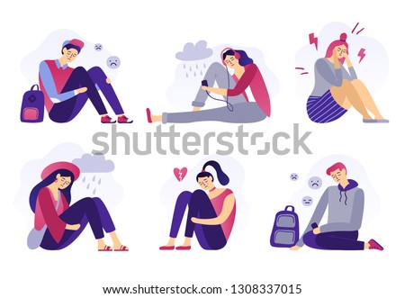 Depressed teenagers. Sadness student, unhappy stressed teen sad boy and crying girl. School stress, anxious introvert teen, lonely bullying abused teenager. Isolated flat vector illustration icons set