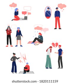 Depressed Teenagers Set, Bullying, Conflict with Parents, Depression, Unrequited Love, Teenage Puberty Problems Concept Vector Illustration