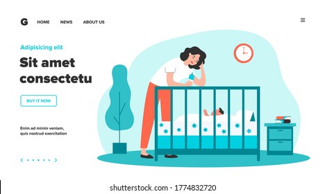 Depressed Tired Mom Giving Bottle To Baby. Sad Sleepy New Mother Leaning On Crib To Feed Newborn Child. Flat Vector Illustration For Postnatal Anxiety, Postpartum Depression, Maternity Blues Concept