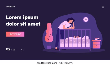 Depressed Tired Mom Giving A Bottle To Baby. Sad Sleepy New Mother Leaning On The Crib To Feed Newborn Child. Flat Vector Illustration For Postnatal Anxiety, Postpartum Depression, Maternity Blues Concept