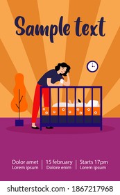 Depressed tired mom giving bottle to baby. Sad sleepy new mother leaning on crib to feed newborn child. Flat vector illustration for postnatal anxiety, postpartum depression, maternity blues concept