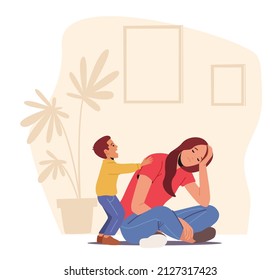 Depressed Tired Mother Sitting On Floor While Son Yell And Disturb Her. Parent With Hyperactive Child At Home, Sleepy Character Fatigue Anxiety Due To Baby Activity. Cartoon People Vector Illustration