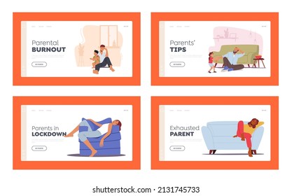 Depressed Tired Parents with Yelling Kids Landing Page Template Set. Son and Daughters Disturb Mom and Dad, Hyperactive Children at Home, Characters Fatigue Anxiety. Cartoon People Vector Illustration