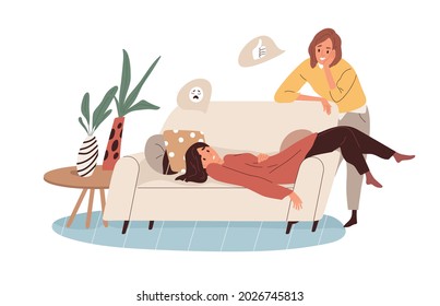 Depressed tired woman in despair with friend cheering up and supporting. Concept of apathy, depression and burnout. Flat vector illustration of sluggish unmotivated person isolated on white background