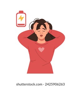 A depressed, tired woman holds her head in her hands. Emotional burnout, neurosis, stress, overwork, fatigue, anxiety, exhaustion. The concept of mental health preservation. Vector illustration