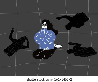 Depressed unhappy girl. Sad crying lonely young woman sitting on floor.  Female character in sorrow, depression, sadness. Mental disorder or illness. Colorful vector illustration in flat cartoon style