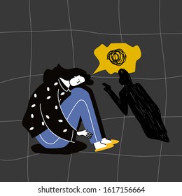 Depressed unhappy girl. Sad crying lonely young woman sitting on floor.  Female character in sorrow, depression, sadness. Mental disorder or illness. Colorful vector illustration in flat cartoon style