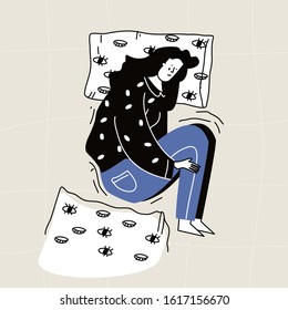 Depressed unhappy girl. Sad crying lonely young woman lie in bed.  Female character in sorrow, depression, sadness. Mental disorder or illness. Colorful vector illustration in flat cartoon style