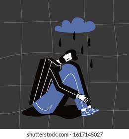 Depressed unhappy man. Sad crying lonely young boy sitting on floor.  Female character in sorrow, depression, sadness. Mental disorder or illness. Colorful vector illustration in flat cartoon style