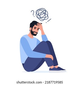 Depressed unhappy man sit on floor with tangled thoughts in head, man need psychological help. Mind health problem, mental disease. Vector Illustration