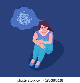 Depressed, unhappy, sad woman sitting on floor. Depression. Mental disorder, finding answers, confusion concept. Vector illustration