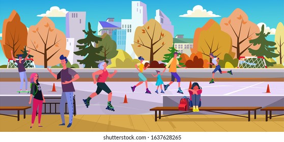 Depressed unhappy teenagers at skate park. Roller skating, angry shouting father, outside flat vector illustration. Toxic parents, teen problems concept for banner, website design or landing web page