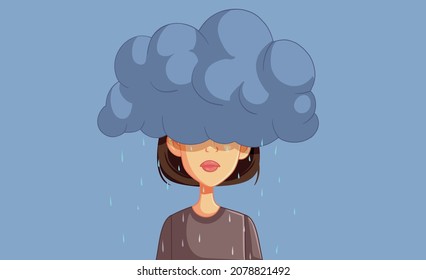 
Depressed Unhappy Woman Feeling Under the Weather Vector Illustration. Sad unhappy young person suffering feeling blue and lonely
