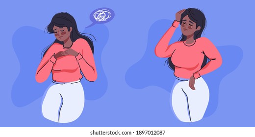 Depressed unhappy woman suffering from headache, depression, sorrow, sadness, anxiety. Sad, painful face expression. Mental health disorder or illness.Flat vector illustration