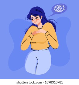 Depressed unhappy woman suffering from headache, depression, sorrow, sadness, anxiety. Sad, painful face expression. Mental health disorder or illness.Flat vector illustration