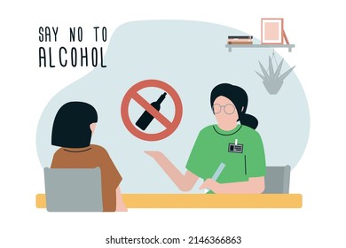 Depressed woman addicted to alcohol drinking. Female alcoholic at doctor. Medical help and health care. Sad girl have alcohol and drug addiction. Alcoholism problem concept. Flat vector illustration